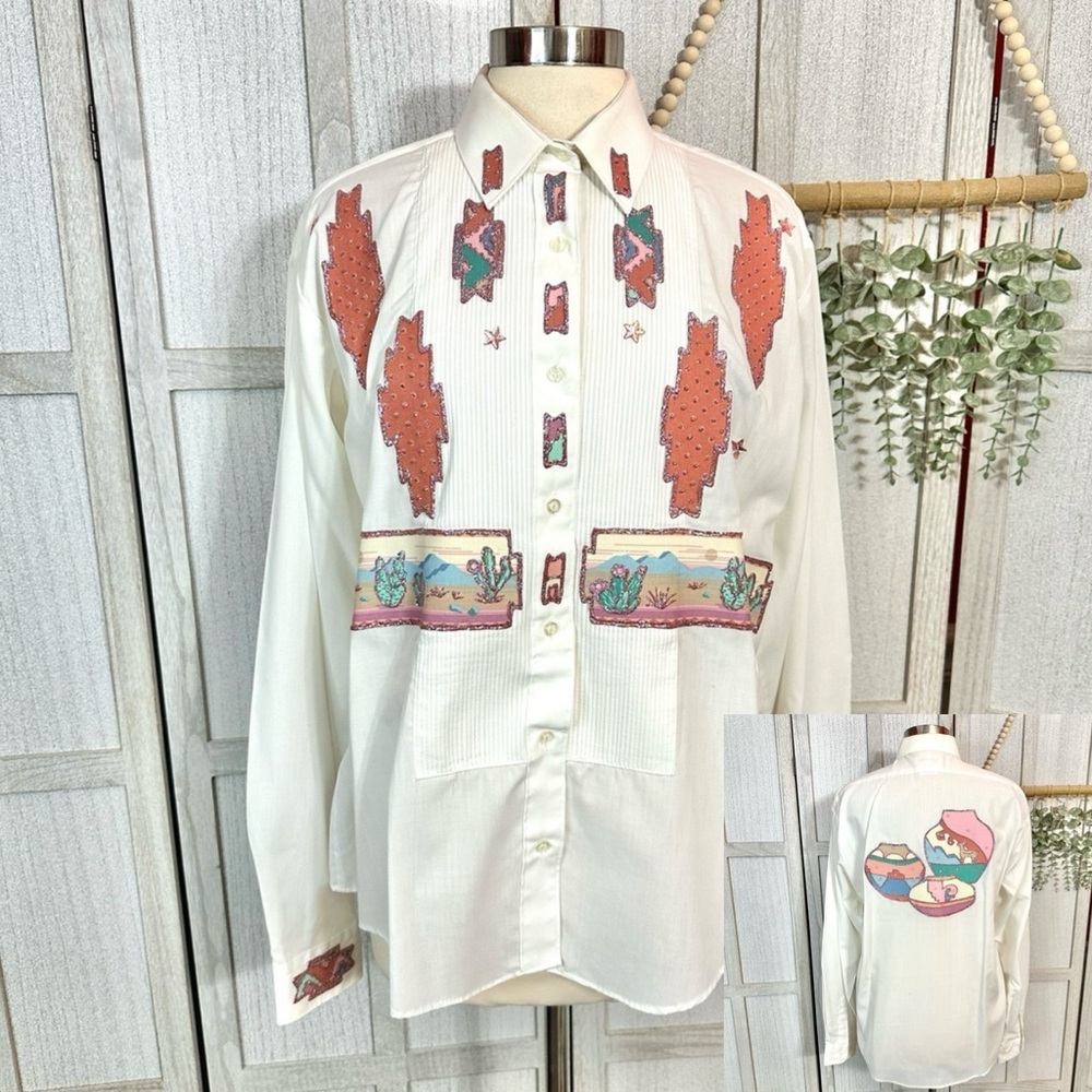 Vintage 90’s Women’s Desert Cactus Southwestern Long Sleeve Button Up Shirt L